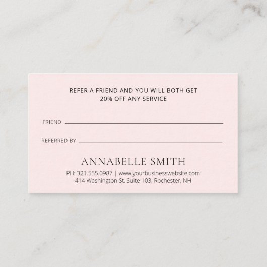 Eenvoudige Elegant Script Minimalist Moderne Blush Aanbevelingskaartje (Achterkant)