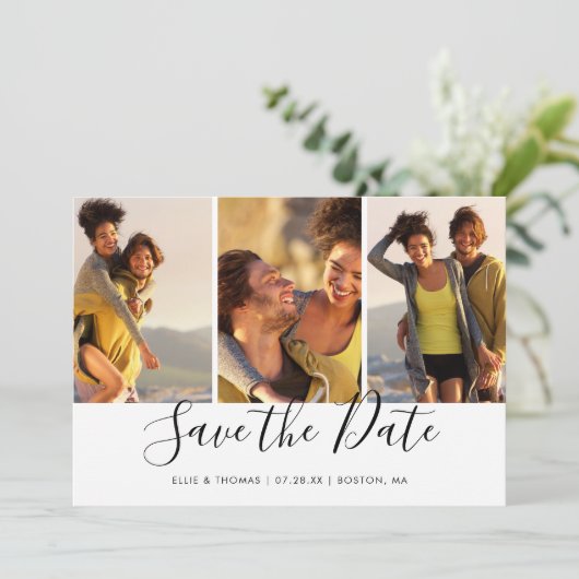 Eenvoudige elegant Script Photo Collage Save The Date (Staand voorkant)