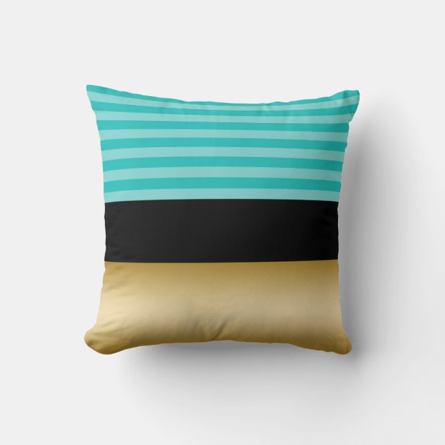 Eenvoudige Elegant Turquoise Striped Black en Gold Kussen (Voorkant)