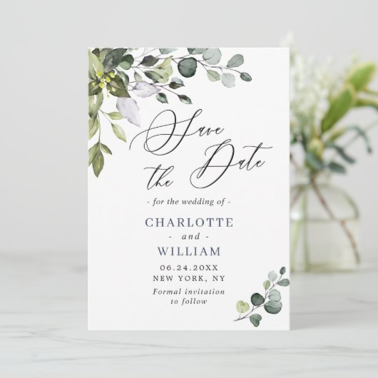 Eenvoudige Elegant Waterverf Eucalyptus Weduwen op Save The Date (Staand voorkant)