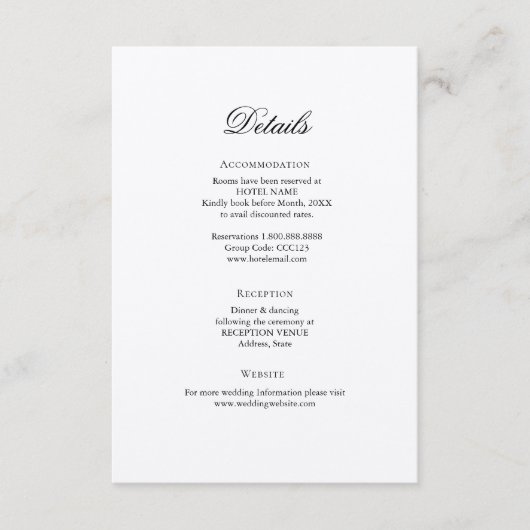 Eenvoudige Elegant Wedding Details-kaart Informatiekaartje (Voorkant)
