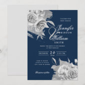 Eenvoudige Elegant Wedding Silver Floral & Folie N Kaart (Voorkant / Achterkant)