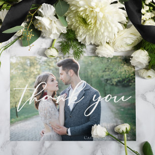 Eenvoudige Elegant White Script Overlay Weddenfoto Bedankkaart