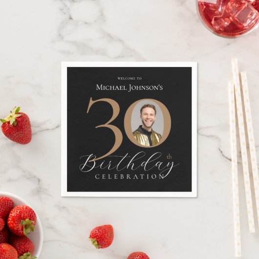 Eenvoudige Elegant Zwart Goud Foto 30e Verjaardag Servet (Insitu)