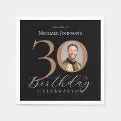 Eenvoudige Elegant Zwart Goud Foto 30e Verjaardag Servet (Voorkant)