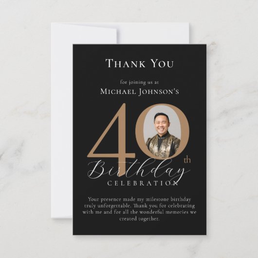 Eenvoudige Elegant Zwart Goud Foto 40e Verjaardag Bedankkaart (Voorkant)