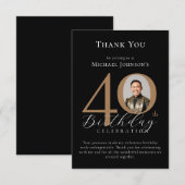 Eenvoudige Elegant Zwart Goud Foto 40e Verjaardag Bedankkaart (Voorkant / Achterkant)