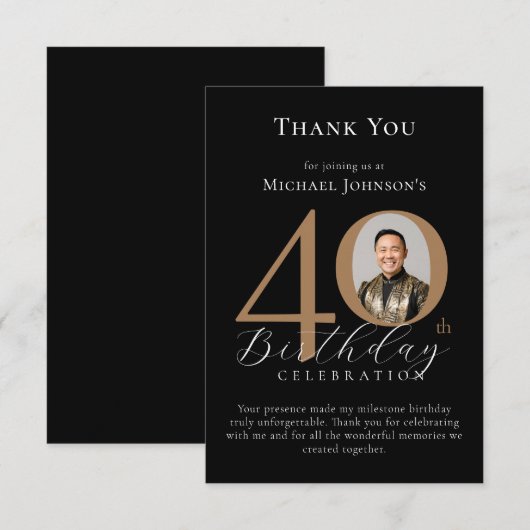 Eenvoudige Elegant Zwart Goud Foto 40e Verjaardag Bedankkaart (Voorkant / Achterkant)
