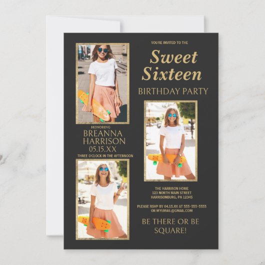 Eenvoudige Elegant Zwart Goud Foto Sweet Sixteen Kaart (Voorkant)