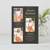 Eenvoudige Elegant Zwart Goud Foto Sweet Sixteen Kaart (Staand voorkant)