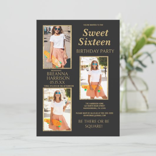 Eenvoudige Elegant Zwart Goud Foto Sweet Sixteen Kaart (Staand voorkant)