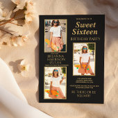 Eenvoudige Elegant Zwart Goud Foto Sweet Sixteen Kaart