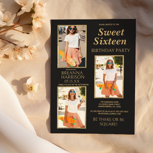 Eenvoudige Elegant Zwart Goud Foto Sweet Sixteen Kaart