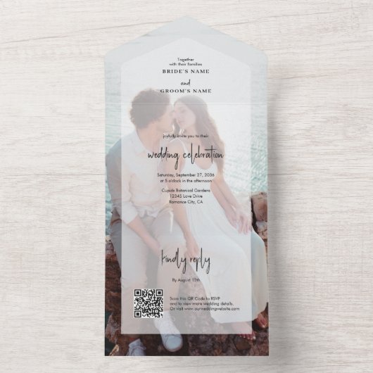Eenvoudige Elegante 2 foto overlay script bruiloft All In One Uitnodiging (Binnen)