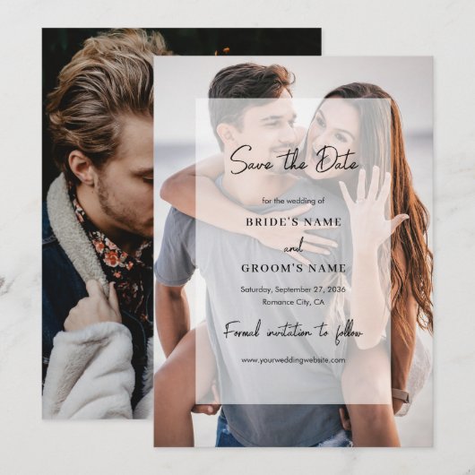 Eenvoudige Elegante 2 foto overlay script bruiloft Save The Date (Voorkant / Achterkant)