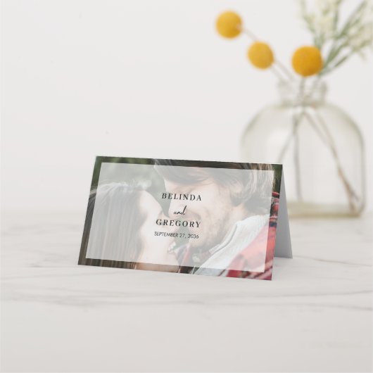 Eenvoudige Elegante 2Photo Overlay Script Wedding  Plaatskaartje (Achterkant)