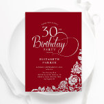 Eenvoudige Elegante 30e Verjaardag Rood Zilver Roz Kaart<br><div class="desc">Eenvoudige elegante 30e verjaardag uitnodiging in rood en zilver. Klassiek ontwerp met rozen,  faux silver folie en typografie script lettertype. Trendy uitnodigingskaart ideaal voor een stijlvol vrouw bday-feest. Personaliseer met uw eigen gegevens. Kan worden aangepast aan elke leeftijd. Gedrukte Zazzle-uitnodigingen of direct downloadbare digitale afdrukbare sjabloon.</div>