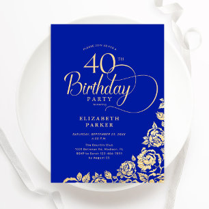 Eenvoudige Elegante 40e Verjaardag Royal Blue Gold Kaart