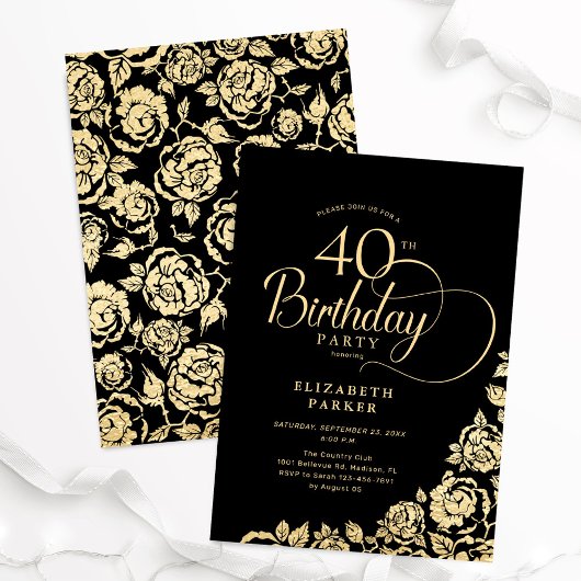 Eenvoudige Elegante 40e Verjaardag Zwart Gouden Ro Kaart