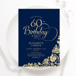 Eenvoudige Elegante 60e Verjaardag Navy Blue Gold  Kaart<br><div class="desc">Eenvoudige elegante 60e verjaardag uitnodiging in marineblauw en goud. Klassiek ontwerp met rozen,  faux gouden folie en typografie script lettertype. Trendy uitnodigingskaart ideaal voor een stijlvol vrouw bday-feest. Personaliseer met uw eigen gegevens. Kan worden aangepast aan elke leeftijd. Gedrukte Zazzle-uitnodigingen of direct downloadbare digitale afdrukbare sjabloon.</div>