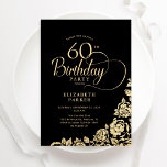 Eenvoudige Elegante 60e Verjaardag Zwart Gouden Ro Kaart<br><div class="desc">Eenvoudige elegante 60e verjaardag uitnodiging in zwart en goud. Klassiek ontwerp met rozen,  faux gouden folie en typografie script lettertype. Trendy uitnodigingskaart ideaal voor een stijlvol vrouw bday-feest. Personaliseer met uw eigen gegevens. Kan worden aangepast aan elke leeftijd. Gedrukte Zazzle-uitnodigingen of direct downloadbare digitale afdrukbare sjabloon.</div>