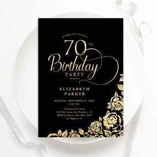 Eenvoudige Elegante 70e Verjaardag Zwart Gouden Ro Kaart