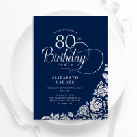 Eenvoudige Elegante 80e Verjaardag Navy Silver Roz