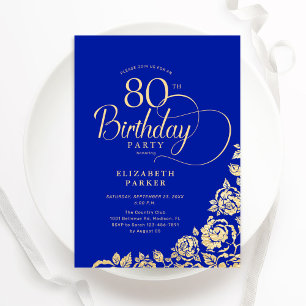 Eenvoudige Elegante 80e Verjaardag Royal Blue Gold Kaart