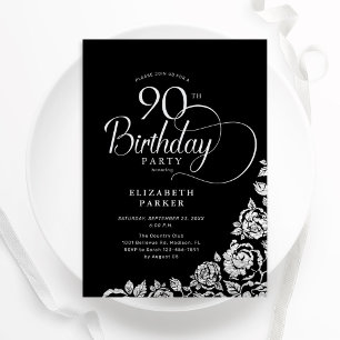 Eenvoudige Elegante 90ste Verjaardag Zwart Zilvere Kaart
