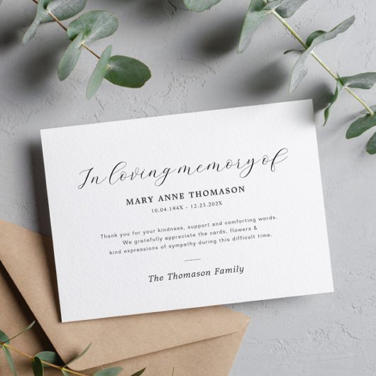 eenvoudige elegante begrafenis dank je briefje bedankkaart