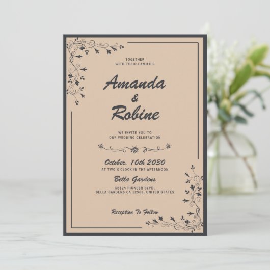 Eenvoudige Elegante Black en Cream bruiloft uitnod Kaart (Staand voorkant)