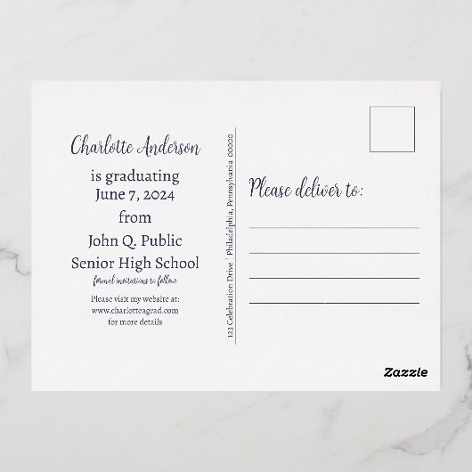 Eenvoudige Elegante Blauwe 2024 Afstudeeraankondig Folie Uitnodiging Briefkaart (Achterkant)