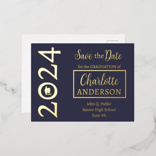 Eenvoudige Elegante Blauwe 2024 Afstudeeraankondig Folie Uitnodiging Briefkaart (Voorkant / Achterkant)