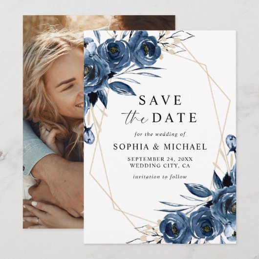Eenvoudige Elegante Blauwe Bloemrijke Script & Fot Save The Date (Voorkant / Achterkant)