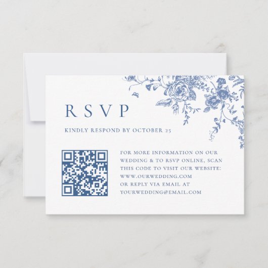 Eenvoudige Elegante Blauwe Franse Tuin Huwelijk QR RSVP Kaartje (Voorkant)