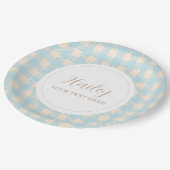 Eenvoudige elegante blauwe geruite stof feestje papieren bordje (Gekanteld)