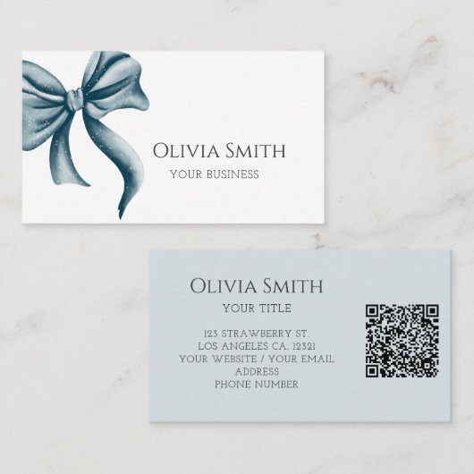 Eenvoudige Elegante Blauwe Strik QR Code Visitekaartje (Voorkant / Achterkant)