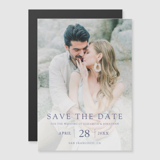 Eenvoudige elegante blauwe tekst Sla de datumfoto  Magnetische Uitnodiging (Voorkant / Achterkant)