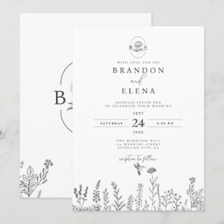 Eenvoudige Elegante Bloemen Botanische Witte Huwel Kaart