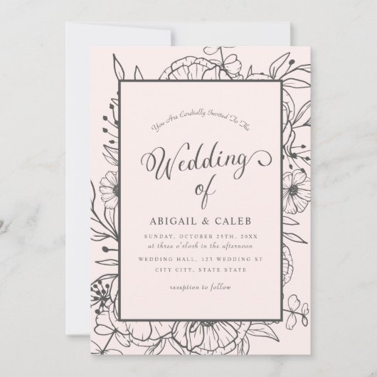 Eenvoudige Elegante Bloemen Schets Roze & Grijs Br Kaart (Voorkant)