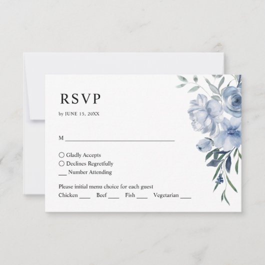 Eenvoudige Elegante Bloemen Stoffig Blauw QR Code  RSVP Kaartje (Voorkant)