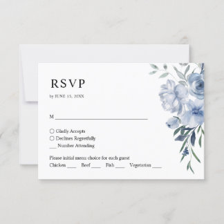 Eenvoudige Elegante Bloemen Stoffig Blauw QR Code RSVP Kaartje