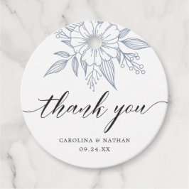 Eenvoudige elegante bloemenbruiloft dank u blauw bedankjes labels