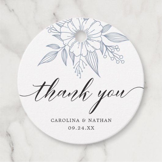 Eenvoudige elegante bloemenbruiloft dank u blauw bedankjes labels (Voorkant)