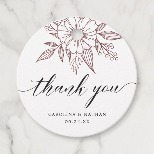 Eenvoudige elegante bloemenbruiloft dank u rood bedankjes labels (Voorkant)
