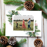 Eenvoudige elegante bloemenkerstfoto feestdagenkaart<br><div class="desc">Voeg eenvoudig uw foto toe voor een aangepaste kerstkaart dit vakantieseizoen. Beschikt over elegante typografie en waterverf florale botanische groen rand.</div>