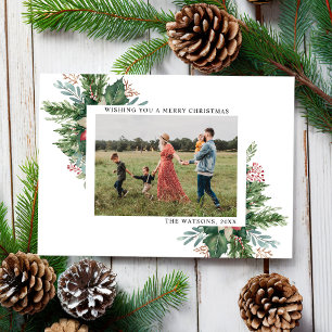 Eenvoudige elegante bloemenkerstfoto feestdagenkaart