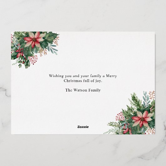 Eenvoudige elegante bloemenkerstfoto folie feestdagenkaart (Achterkant)