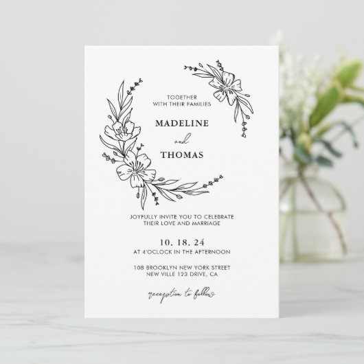 Eenvoudige elegante bloemenkrans foto bruiloft kaart (Staand voorkant)