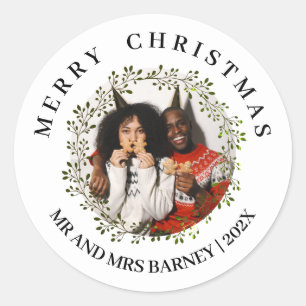 Eenvoudige Elegante Bloemige Kerst Familie 1 Foto Ronde Sticker